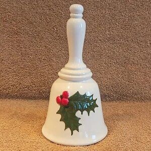 Porcelain Cream Color Christmas Bell Vintage with Holly Berries and Leaves T19